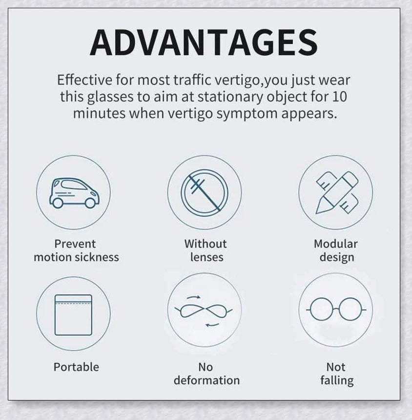 Motion Sickness Glasses with Boarding Ring technology that create an artificial horizon to relieve motion sickness symptoms