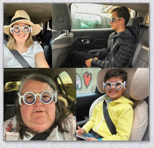 Motion Sickness Glasses with Boarding Ring technology that create an artificial horizon to relieve motion sickness symptoms