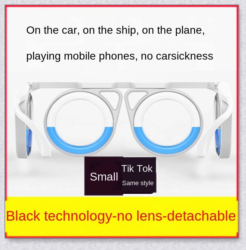 Motion Sickness Glasses with Boarding Ring technology that create an artificial horizon to relieve motion sickness symptoms