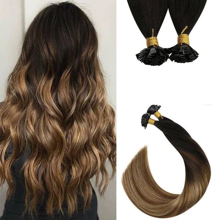 Flat Tip Human Hair Extensions made from 100% Remy human hair, offering length, volume, and color versatility.