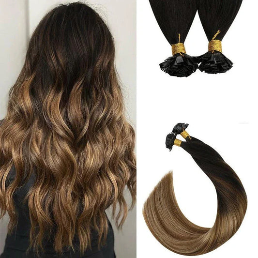 Flat Tip Human Hair Extensions made from 100% Remy human hair, offering length, volume, and color versatility.