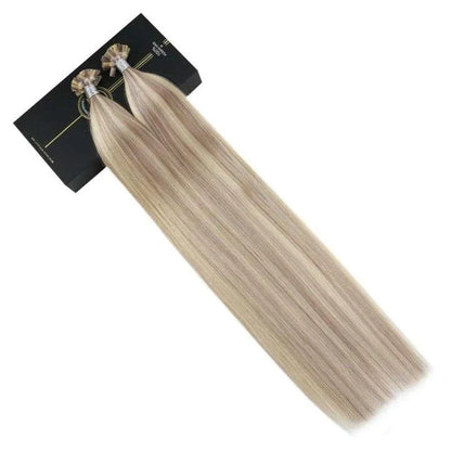 Flat Tip Human Hair Extensions made from 100% Remy human hair, offering length, volume, and color versatility.
