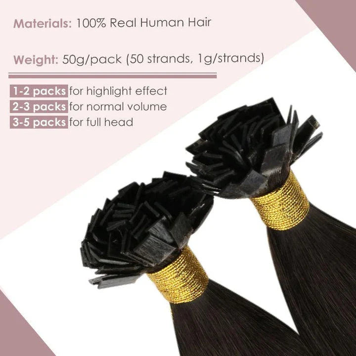 Flat Tip Human Hair Extensions made from 100% Remy human hair, offering length, volume, and color versatility.