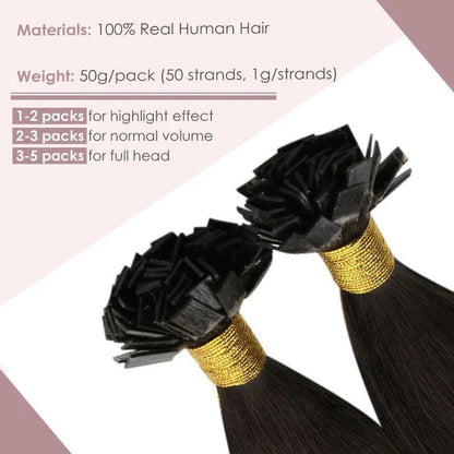 Flat Tip Human Hair Extensions made from 100% Remy human hair, offering length, volume, and color versatility.