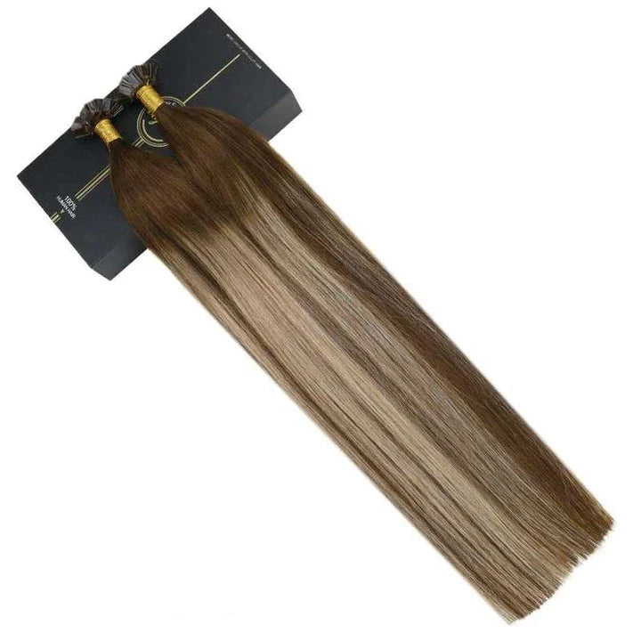 Flat Tip Human Hair Extensions made from 100% Remy human hair, offering length, volume, and color versatility.