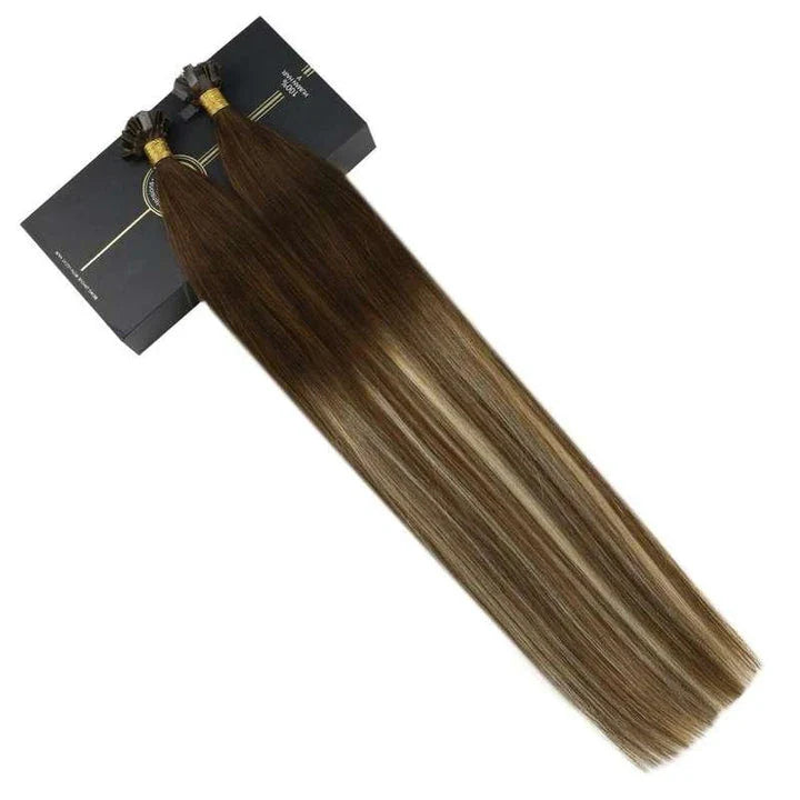 Flat Tip Human Hair Extensions made from 100% Remy human hair, offering length, volume, and color versatility.
