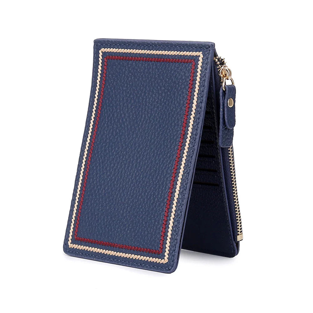 Premium leather wallet with compact, ultra-thin design and magnetic buckle closure for secure and convenient storage of cards, cash, and other essentials.