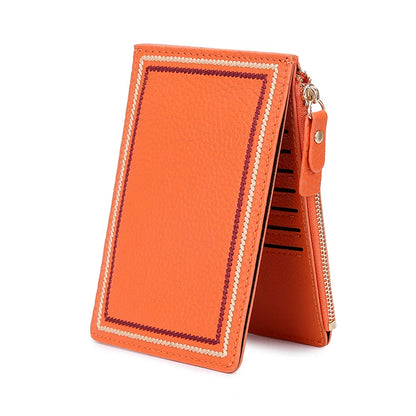 Premium leather wallet with compact, ultra-thin design and magnetic buckle closure for secure and convenient storage of cards, cash, and other essentials.