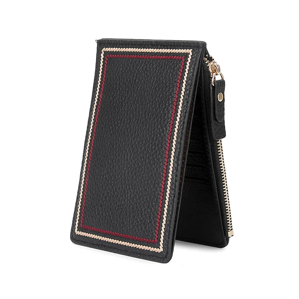 Premium leather wallet with compact, ultra-thin design and magnetic buckle closure for secure and convenient storage of cards, cash, and other essentials.