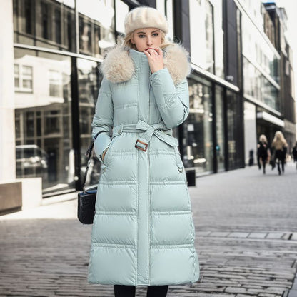 Hhomeenjoy Women's Long Slim-Fit Winter Jacket - Stylish Puffer Coat with Faux Fur Hood & Adjustable Belt