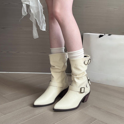 Women's chunky heel boots with a 2.5cm flat heel and middle calf length, available in white and khaki colours across sizes 35-42, featuring PU upper material and viscose sole construction for all-day wear.