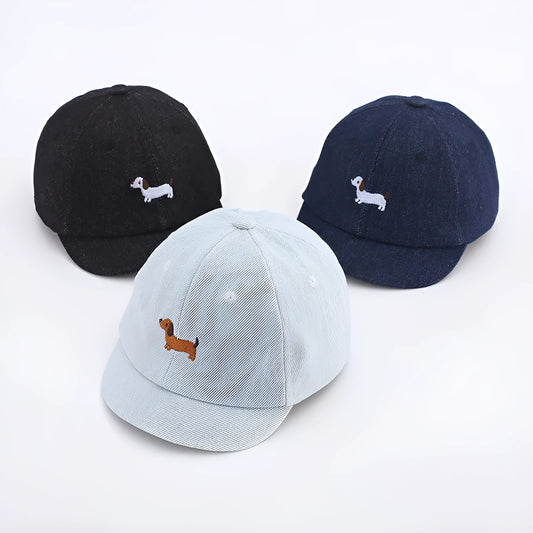 Denim baseball cap for babies with short brim in black, dark blue and light blue colours
