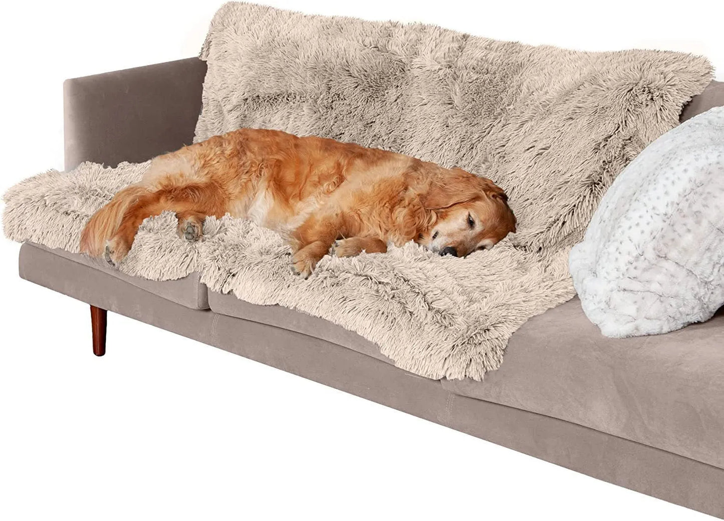 Grey plush waterproof dog cushion showing double-layer construction and rectangular shape