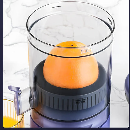 Blue portable USB electric juicer with spiral cutter, measuring 18cm height with USB cable connection