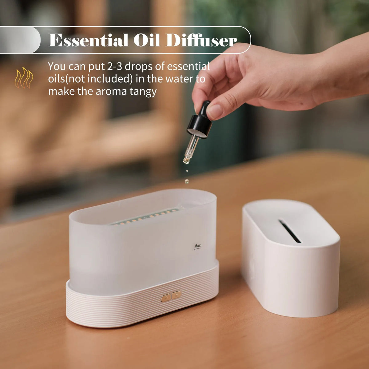 Square black aroma diffuser with flame light effect and mist output, 75x75x137mm