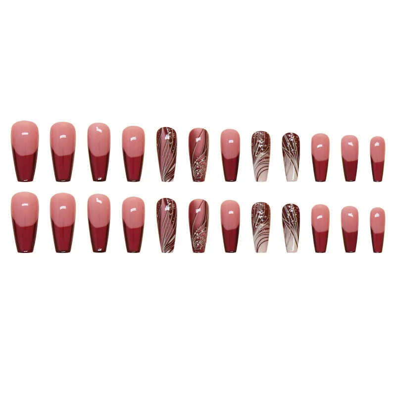 Set of 24 French line design fake nail stickers and one tube of adhesive glue on a white background.