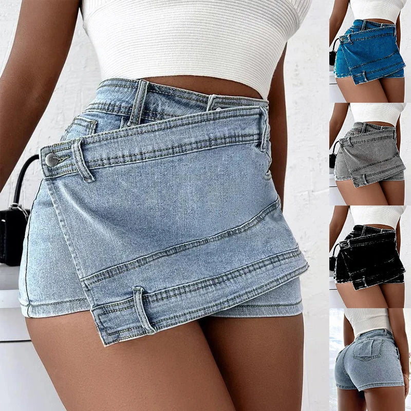 Stylish Y2K-inspired denim shorts with an asymmetrical hemline, high-waist design, and stretch fabric for a flattering fit