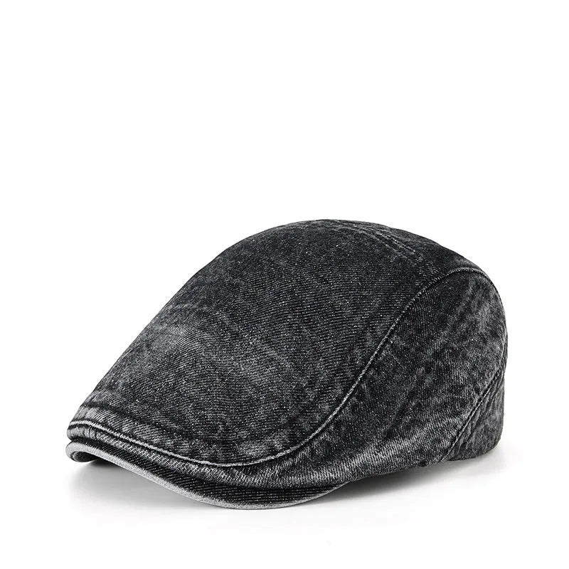 Men's denim baseball cap with flat crown in Korean style, shown in multiple colour options