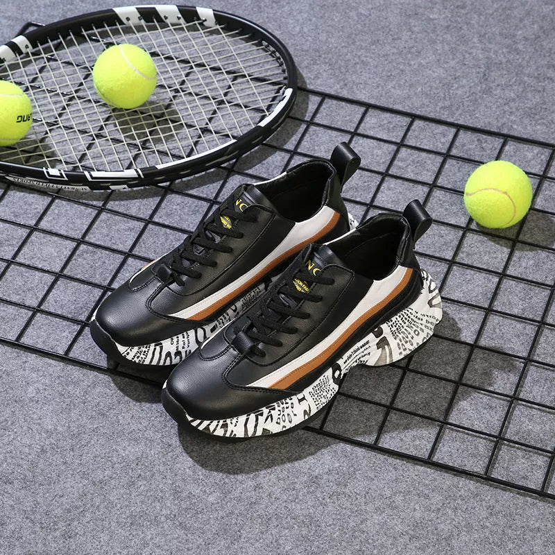 Men's black and white thick sole sneakers with inner heightening and breathable design