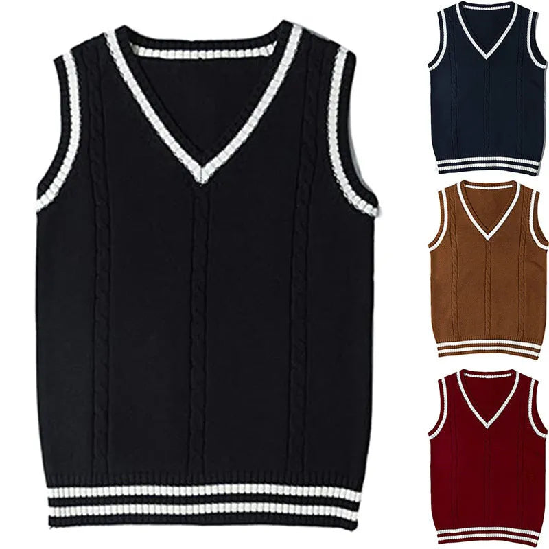 Women's slim fit V-neck knitted waistcoat sweater with striped stitching in acrylic fabric