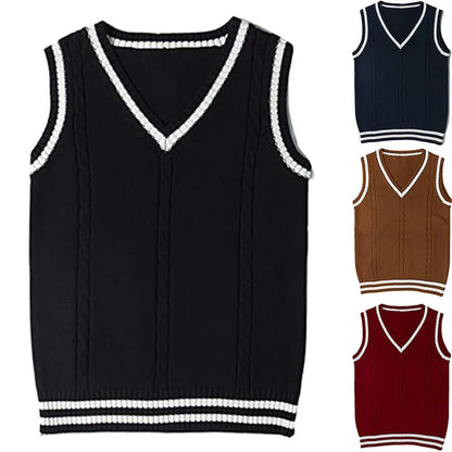 Women's slim fit V-neck knitted waistcoat sweater with striped stitching in acrylic fabric