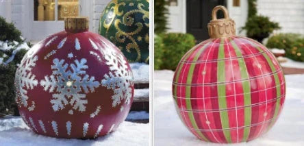 Vibrant, inflatable Christmas ornaments in various holiday designs for outdoor decoration