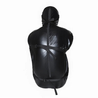 Black patent leather bondage set with leak nostril clothes and six ratchet tie downs