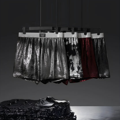 Men's reflective bright silver casual woven underwear with a loose fit and mid-waist.