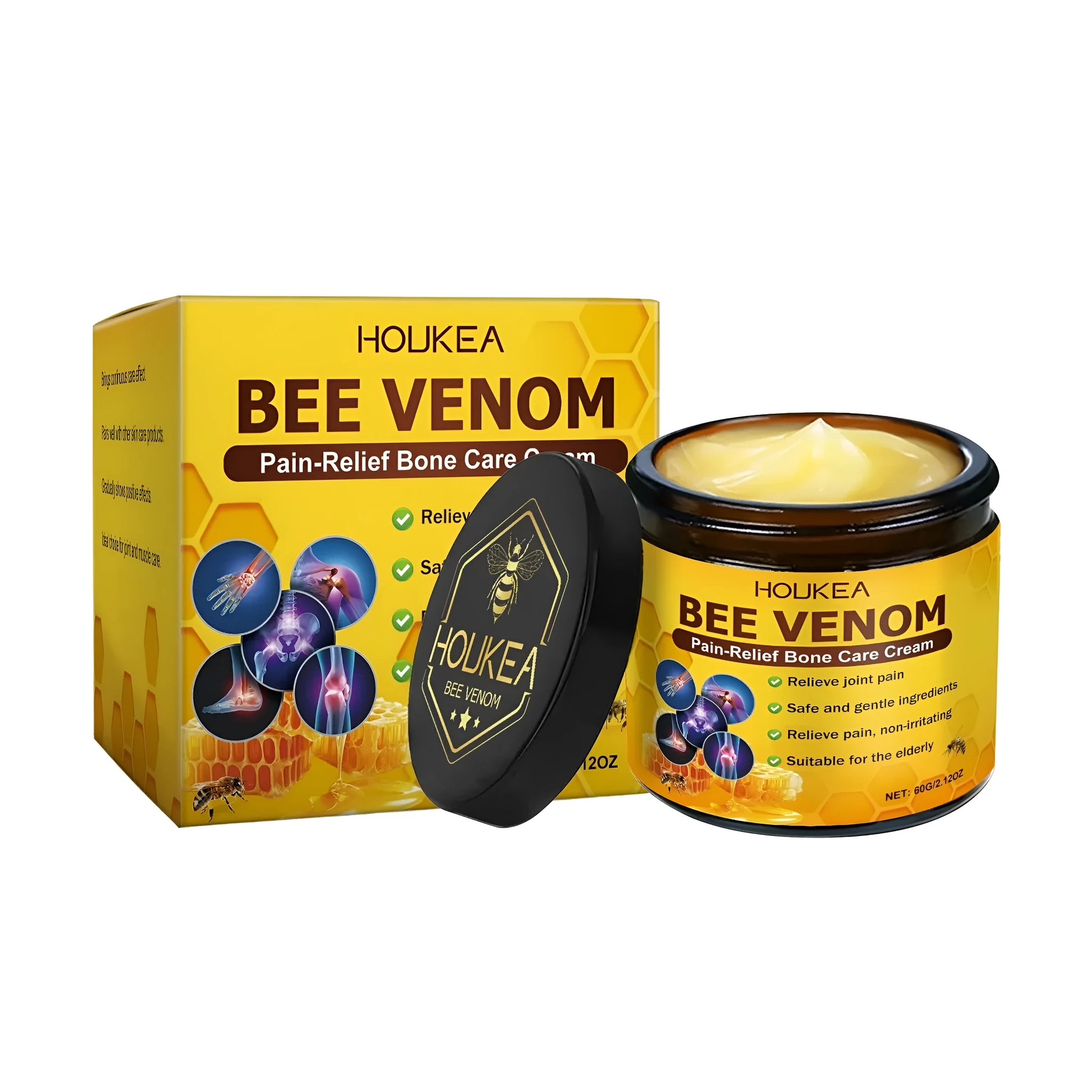 60g jar of HOUKEA pain relief cream with bee venom and mint leaf ingredients