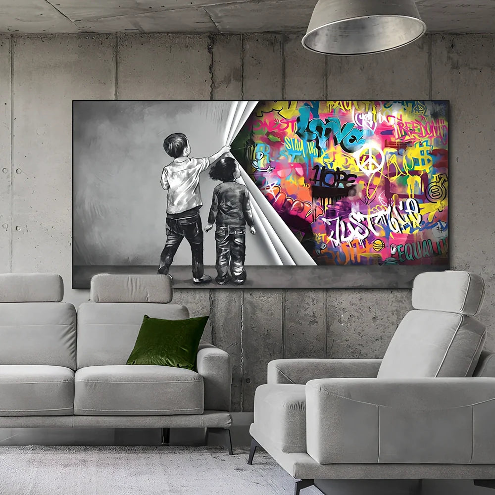 Frameless abstract graffiti canvas art for children's rooms in multiple sizes and colour variations