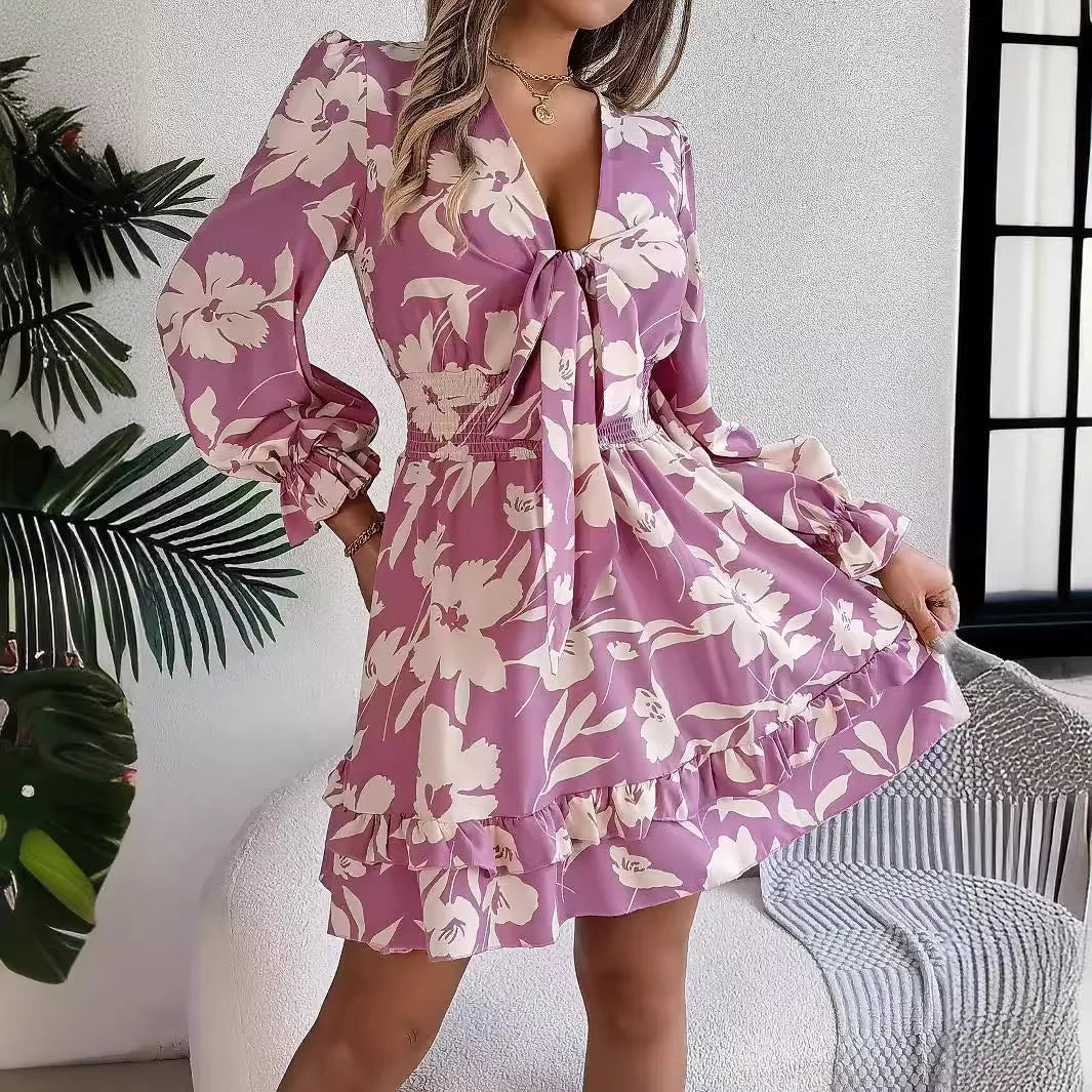 Floral printed V-neck long sleeve chiffon dress with ruffles and bowknot
