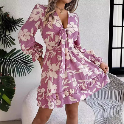 Floral printed V-neck long sleeve chiffon dress with ruffles and bowknot