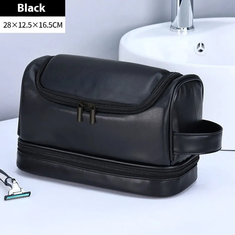 PU leather cosmetics storage bag with hook in black, brown or dark brown, simple modern travel wash bag