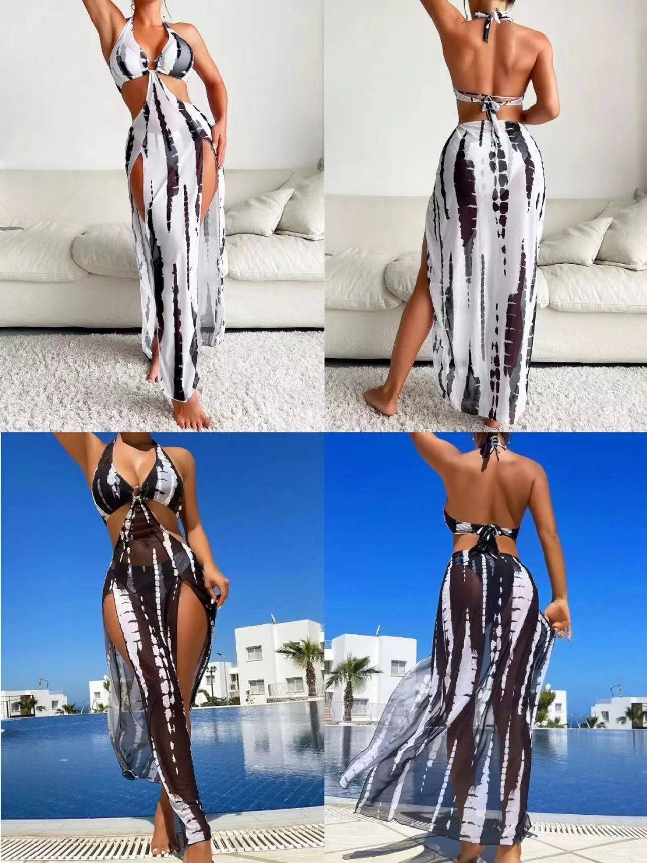 Women's three-piece bikini set in black and white with quick-dry fabric