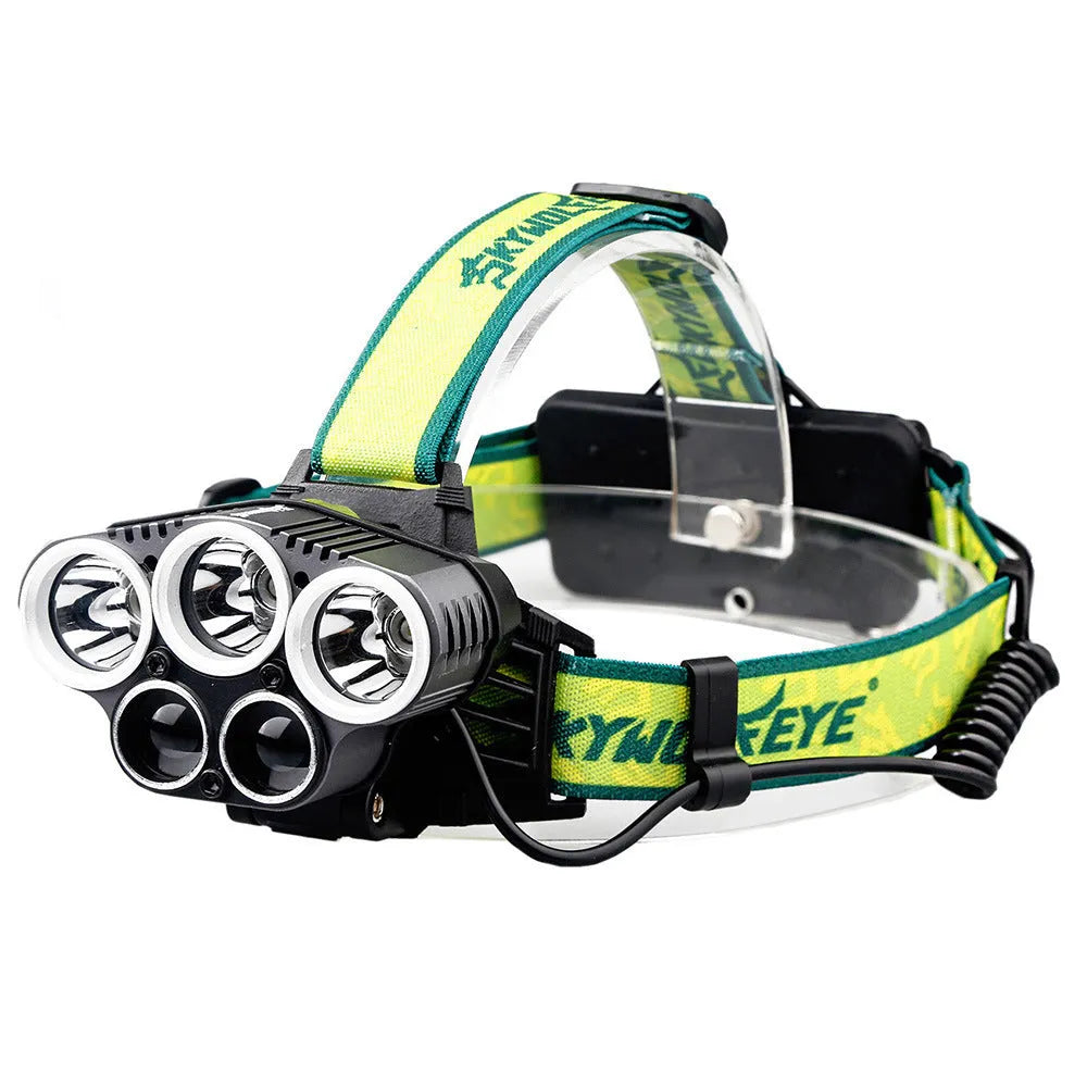 Yellow-green LED headlight with aluminium alloy and ABS plastic housing, showing USB charging port.