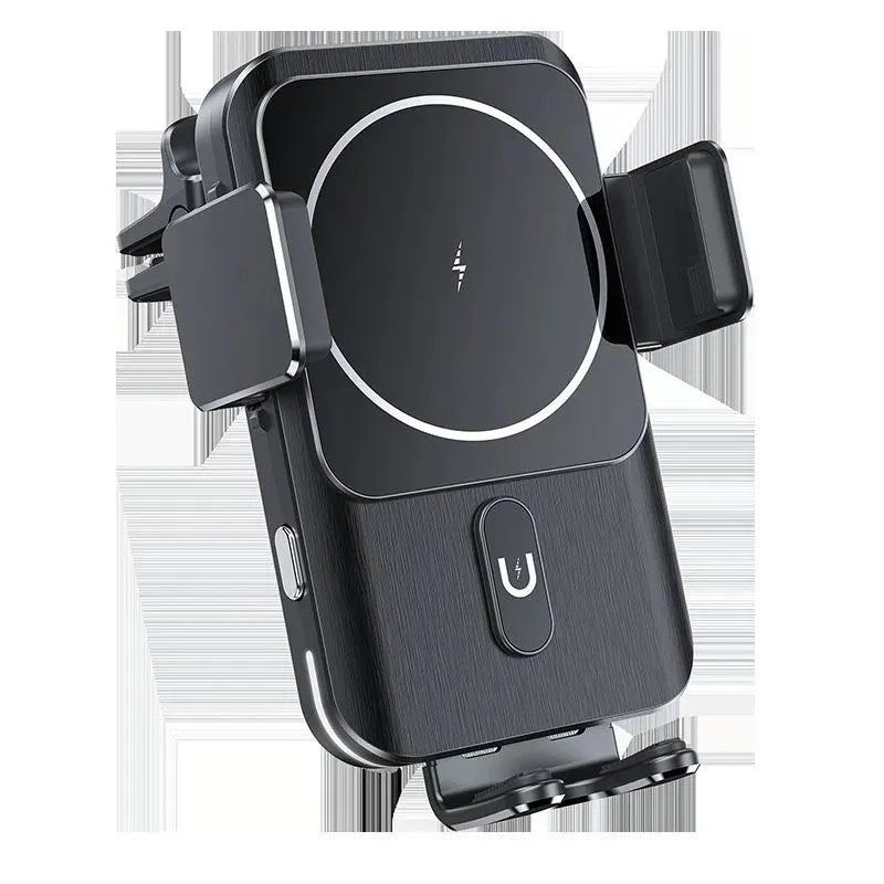 Car wireless phone charger holder with 15W fast charging in black, showing suction cup and clip mounting options