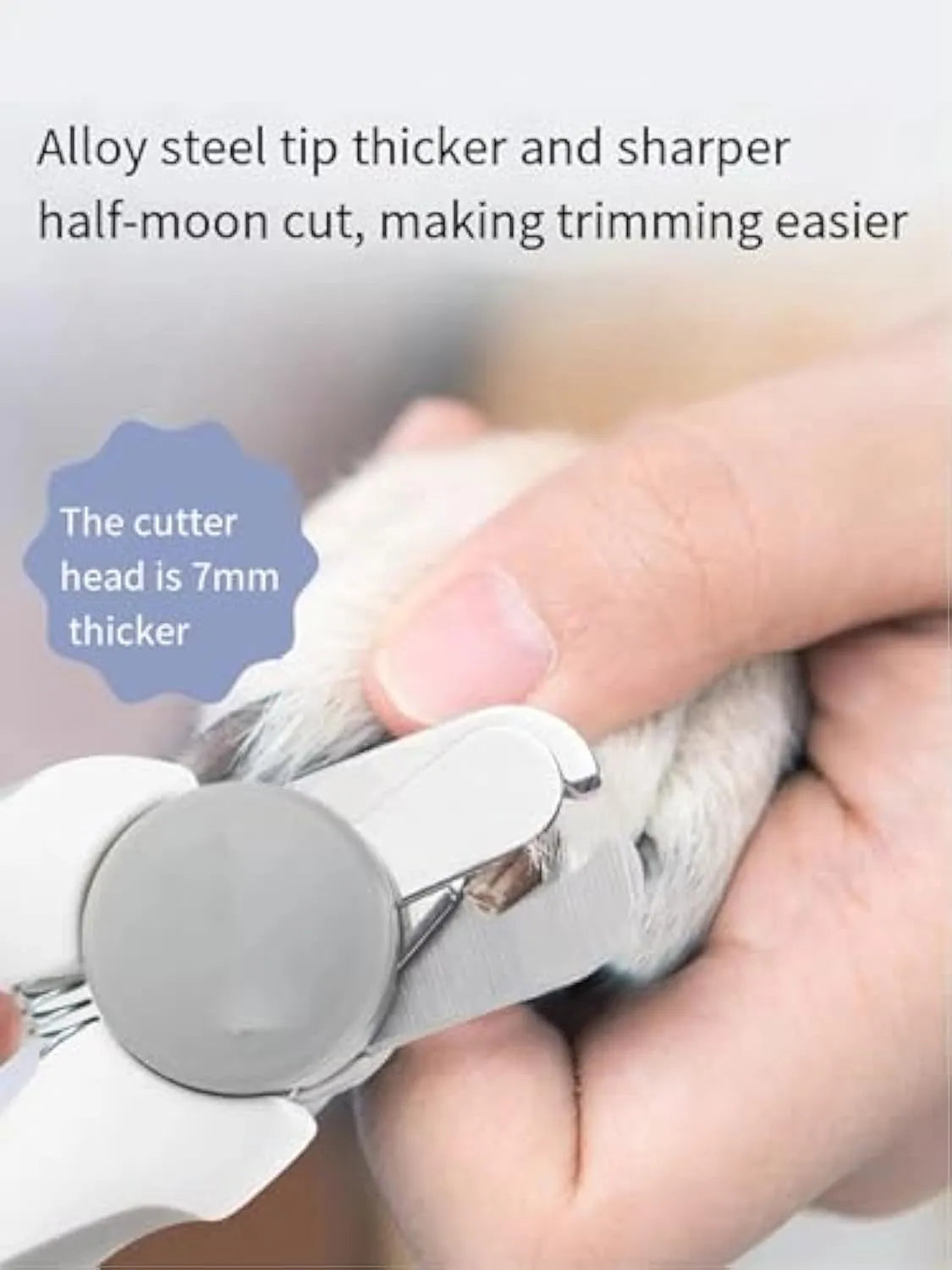 Blue heavy-duty dog nail clippers with a visible safety guard on the blades, shown next to a dog's paw.