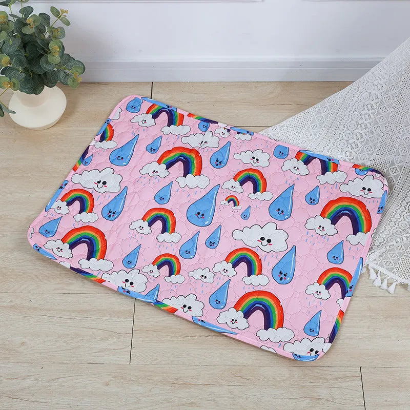 Reusable cloth pet urine pad with animal print and waterproof non-slip backing in various sizes.