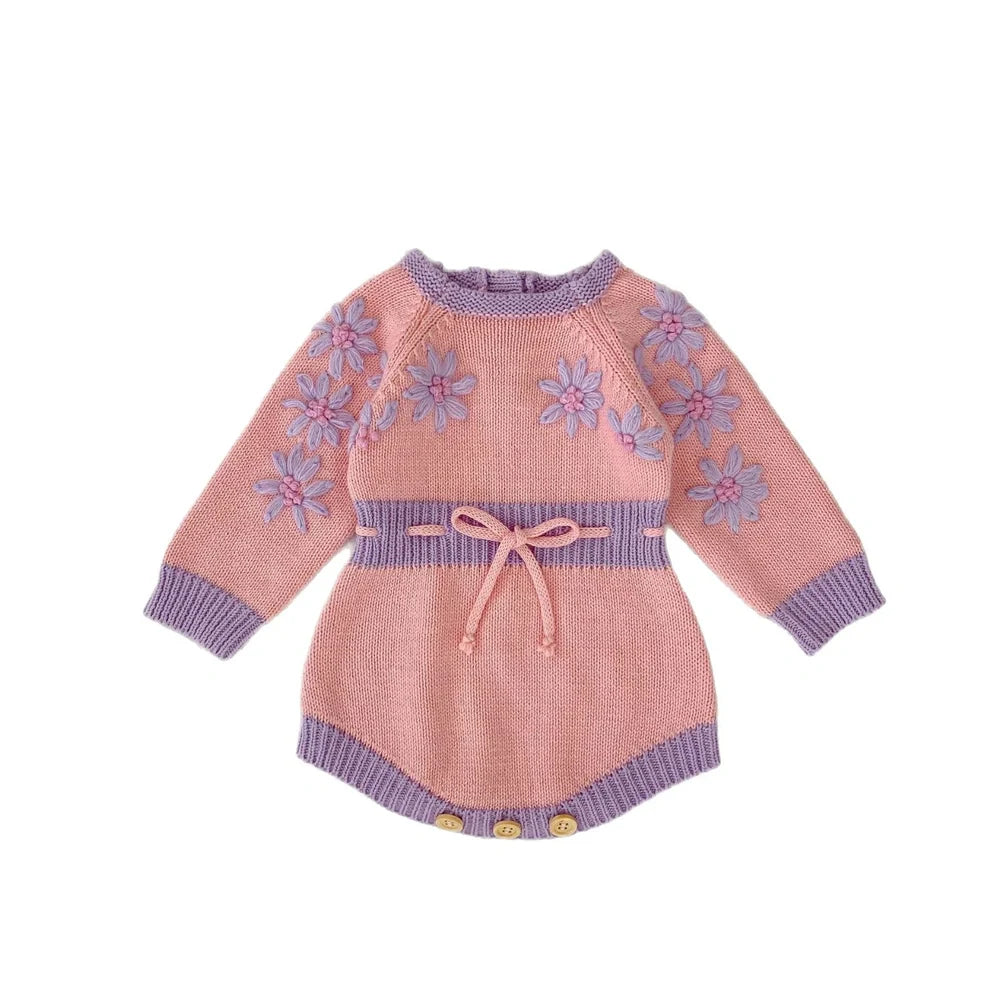 Handmade embroidery long sleeve jumpsuit for baby girls in pink cotton, Korean triangle style with pullover closure.