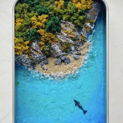 DIY bamboo marine landscape handmade model ornament with whales and sand details, approximately 15-20cm long