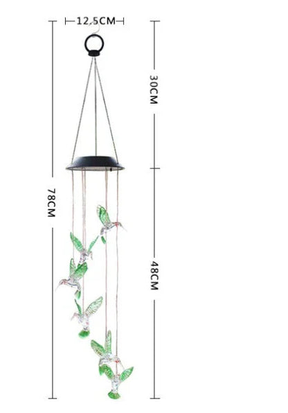 Vibrant solar-powered color changing wind chime with hummingbird and butterfly design for outdoor decor