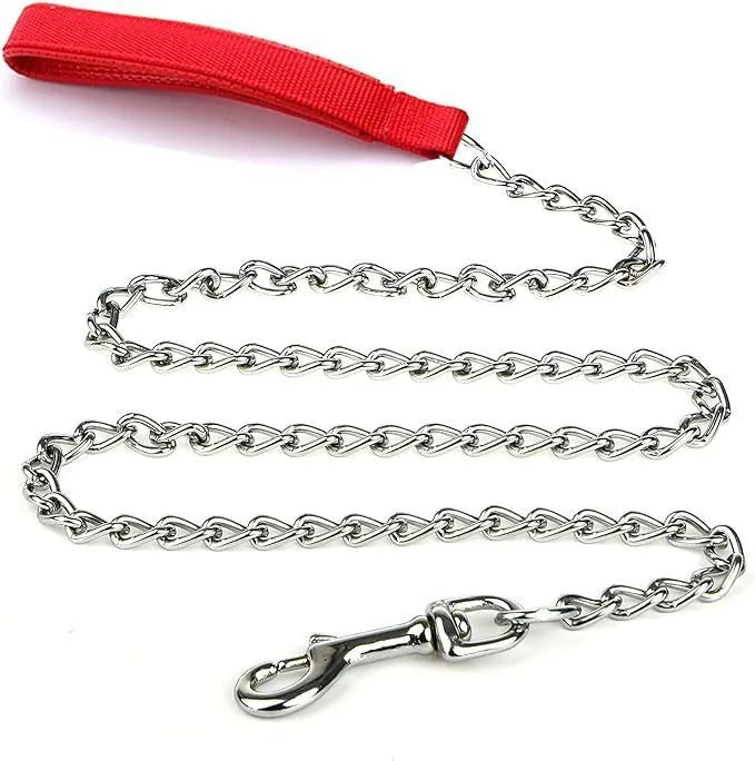 Heavy duty metal dog leash with chew-proof chain and soft padded handle in black, blue, or red colours