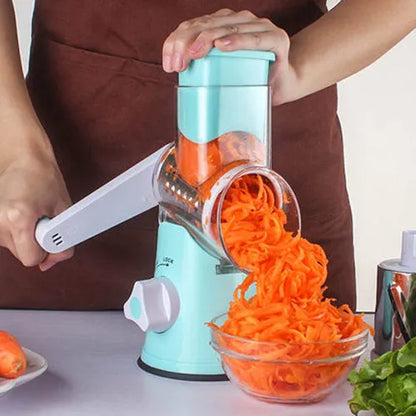 Blue multifunctional manual vegetable cutter with stainless steel blades for slicing potatoes and cheese.