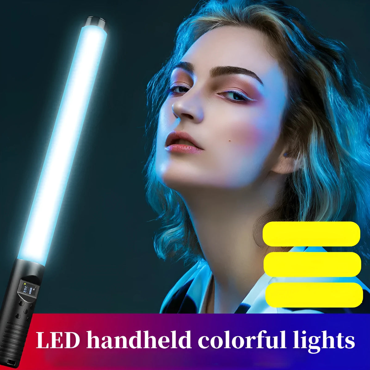 Black RGB LED handheld light stick with 5V USB power, 6mm screw, dimmable brightness, and remote control for photography