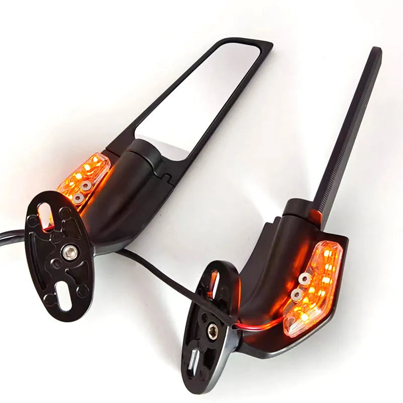 Motorcycle spoiler rearview mirror with yellow LED light strip and convex glass lens