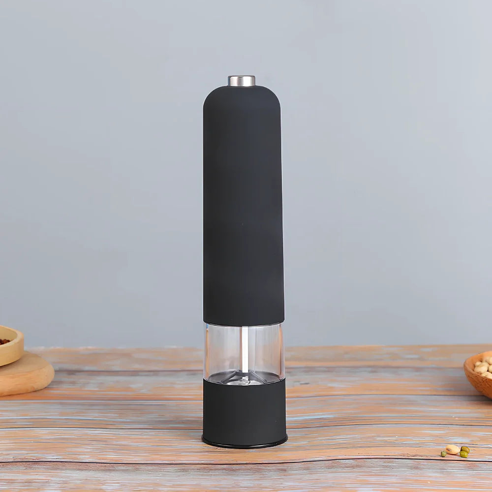 Silver stainless steel electric salt and pepper grinder with one-handed operation button