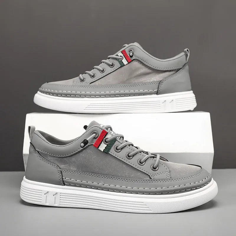Men's grey high-top canvas sneakers with bandage dress style and rounded toe on PVC sole