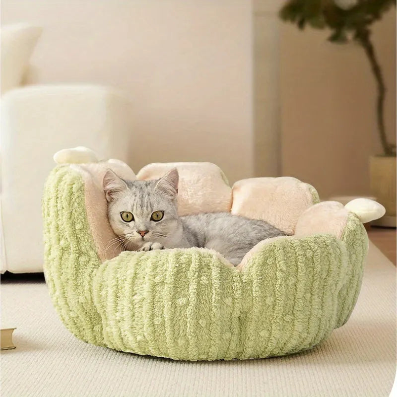 Green or purple cactus-shaped soft cat litter kennel pet bed on a floor