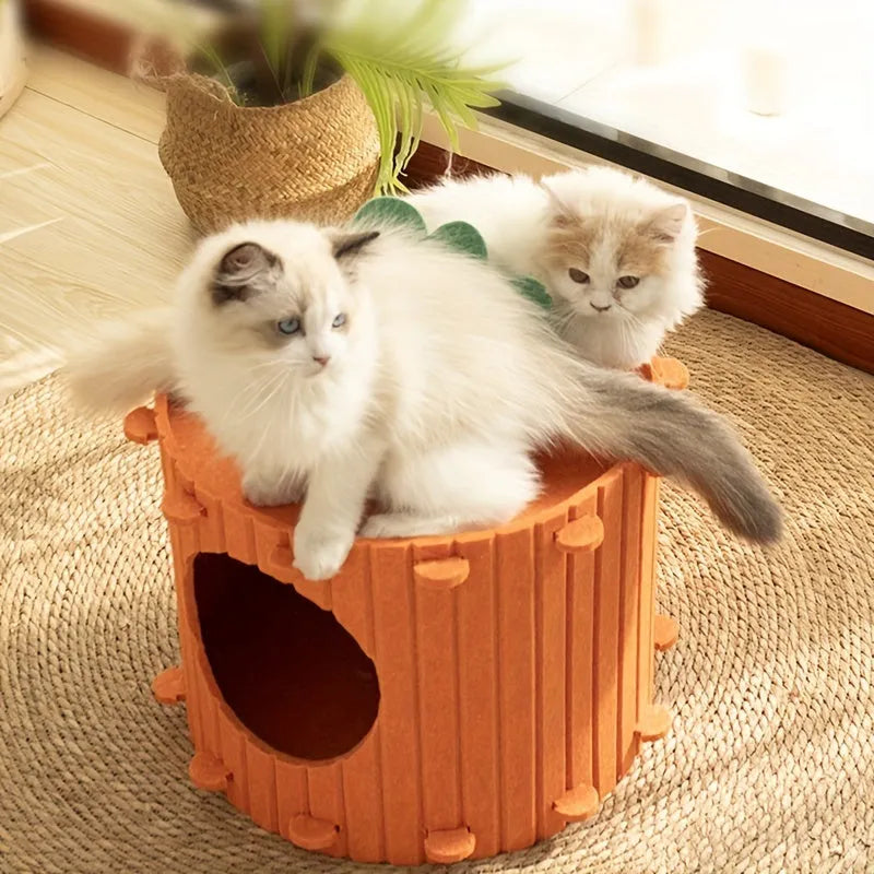 Felt cat tunnel with drilled semi-enclosed design showing peek-out openings