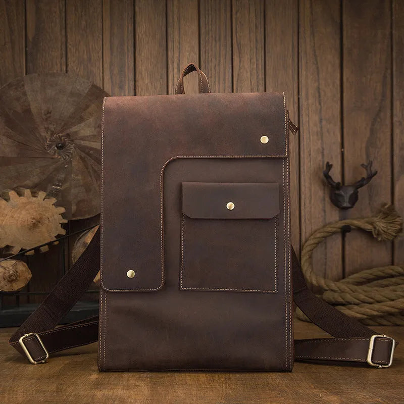 Dark brown genuine leather men's retro-style travel bag with shoulder straps and an external pocket.